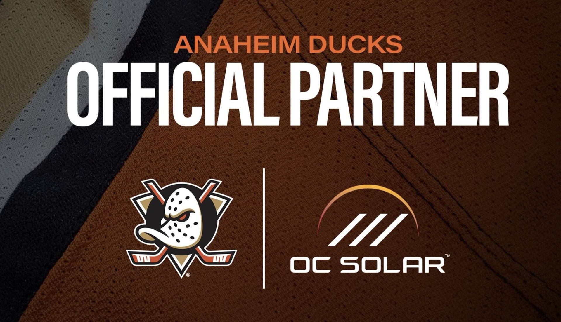 The official Anaheim Ducks × OC Solar 'Official Partner' lockup over the team jersey