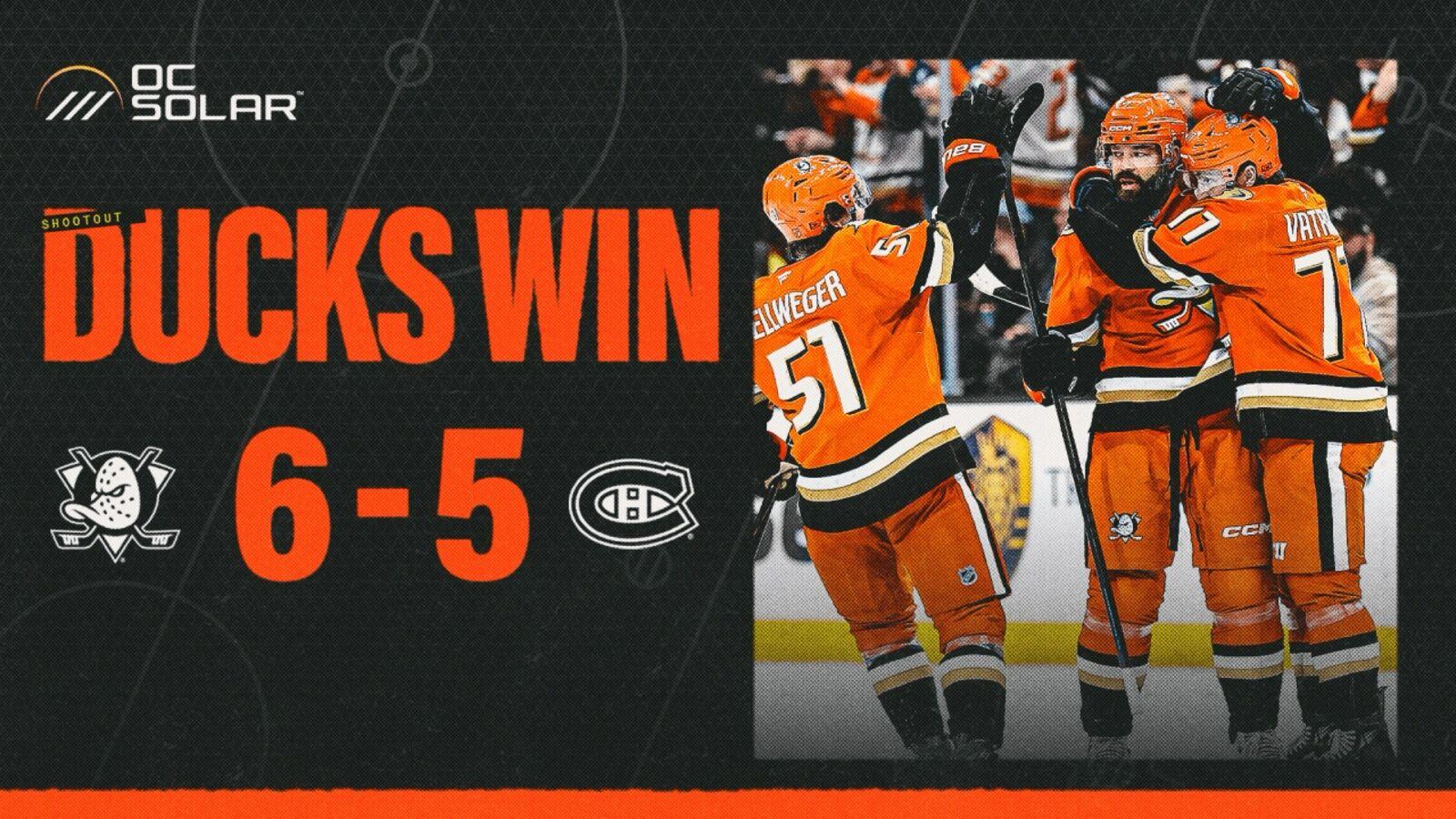OC Solar co-branded “Ducks Win” graphic from an Anaheim Ducks game