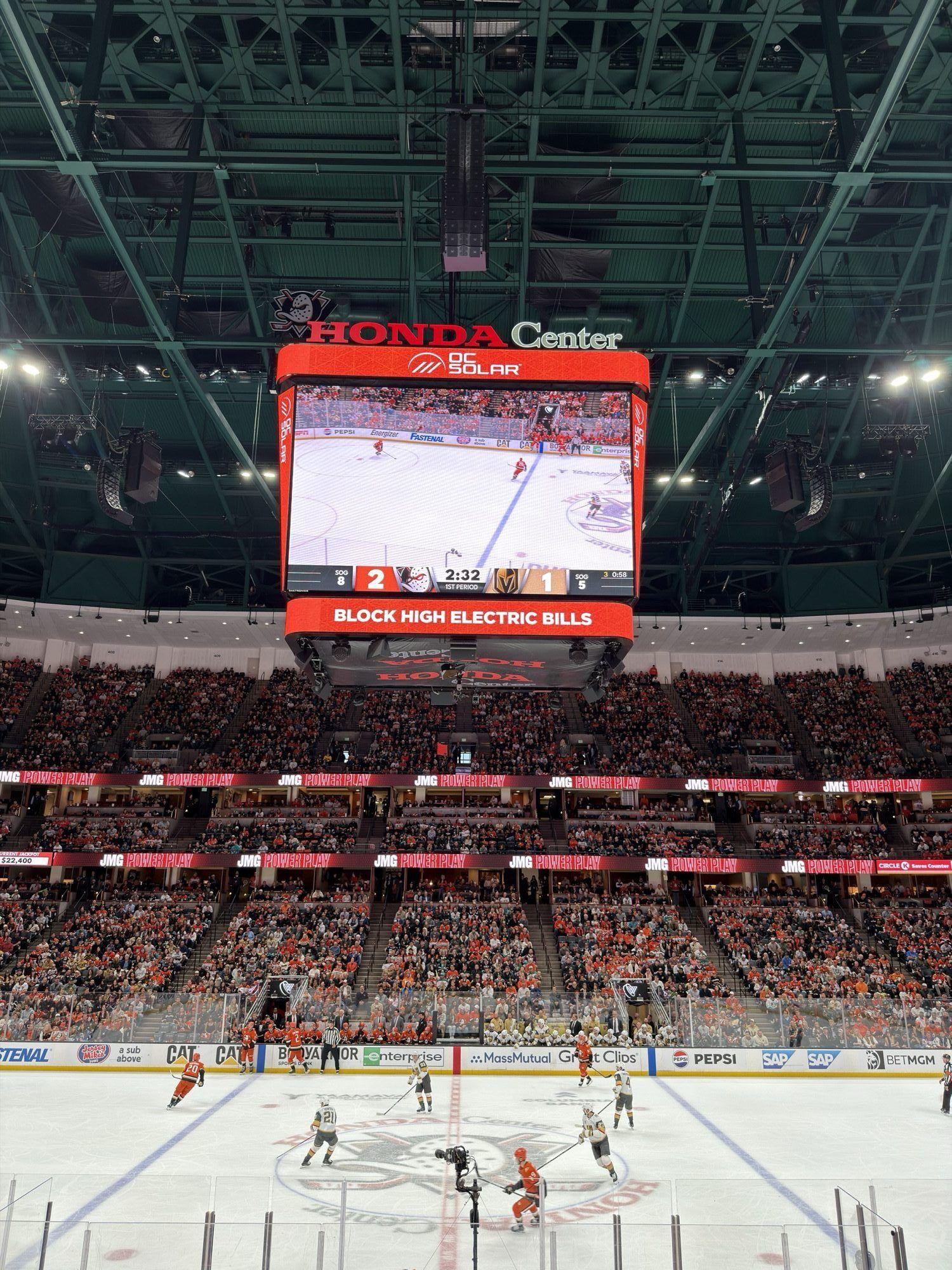 Honda Center · OC Solar on the scoreboard