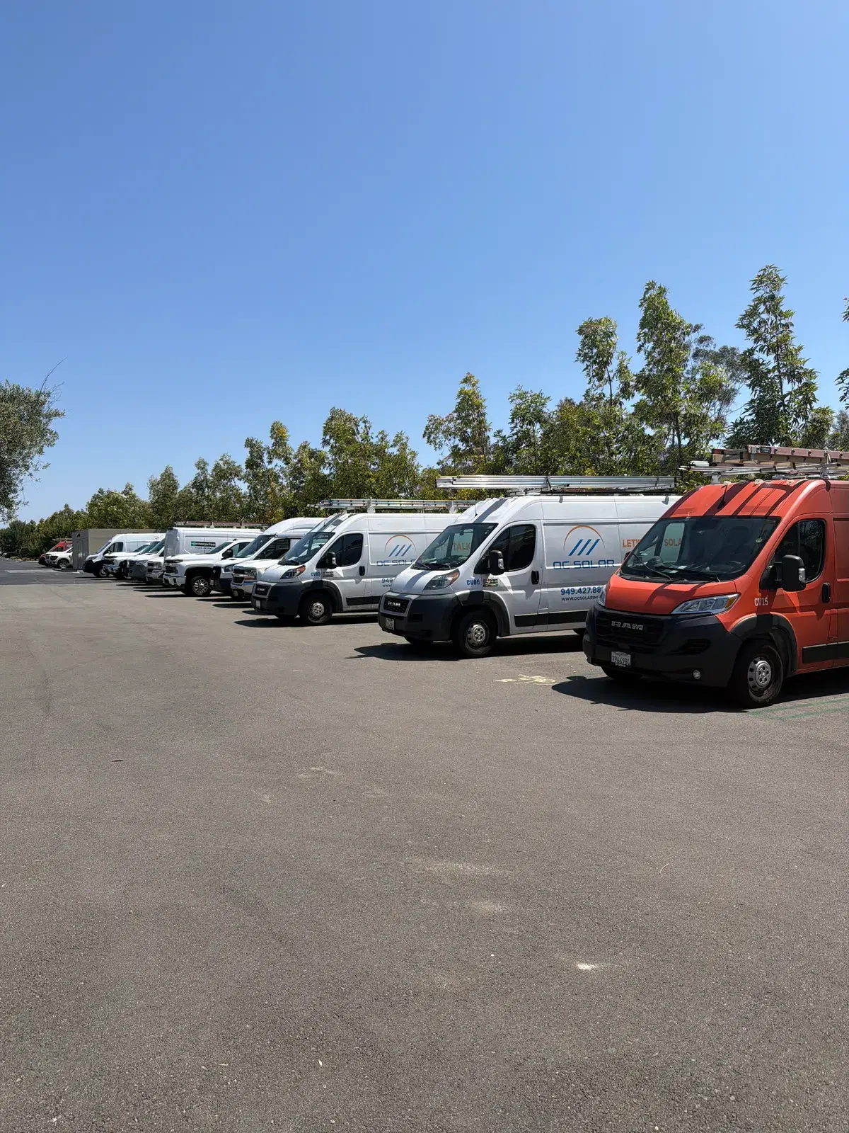 Row of branded company vans and an orange truck parked in a lot under blue sky.