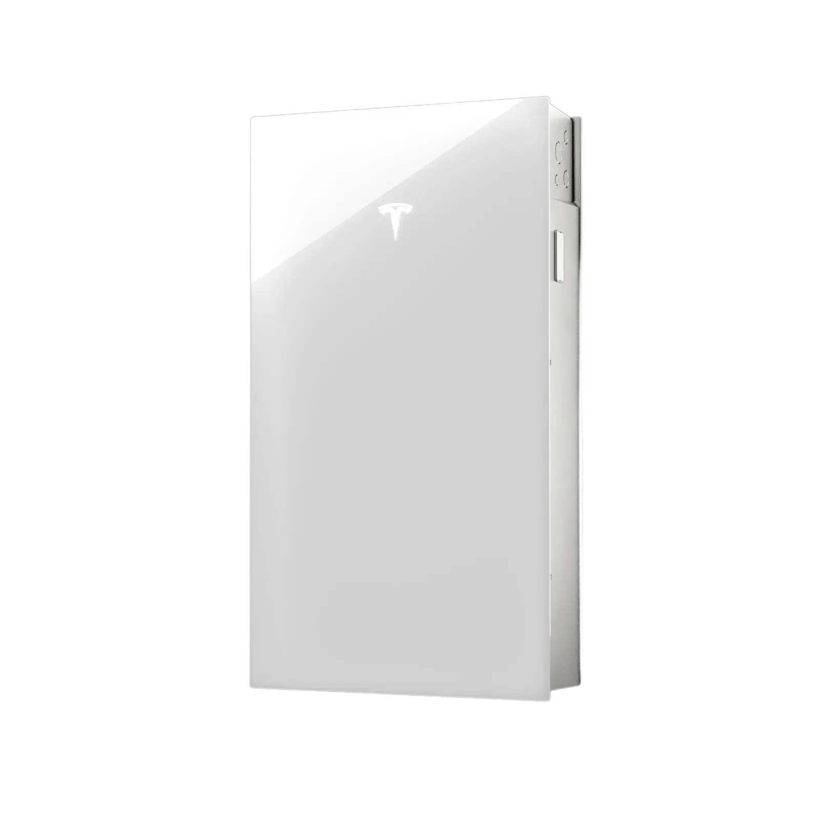 Studio product photo of a single white Tesla Powerwall battery at a three-quarter angle on a white background.