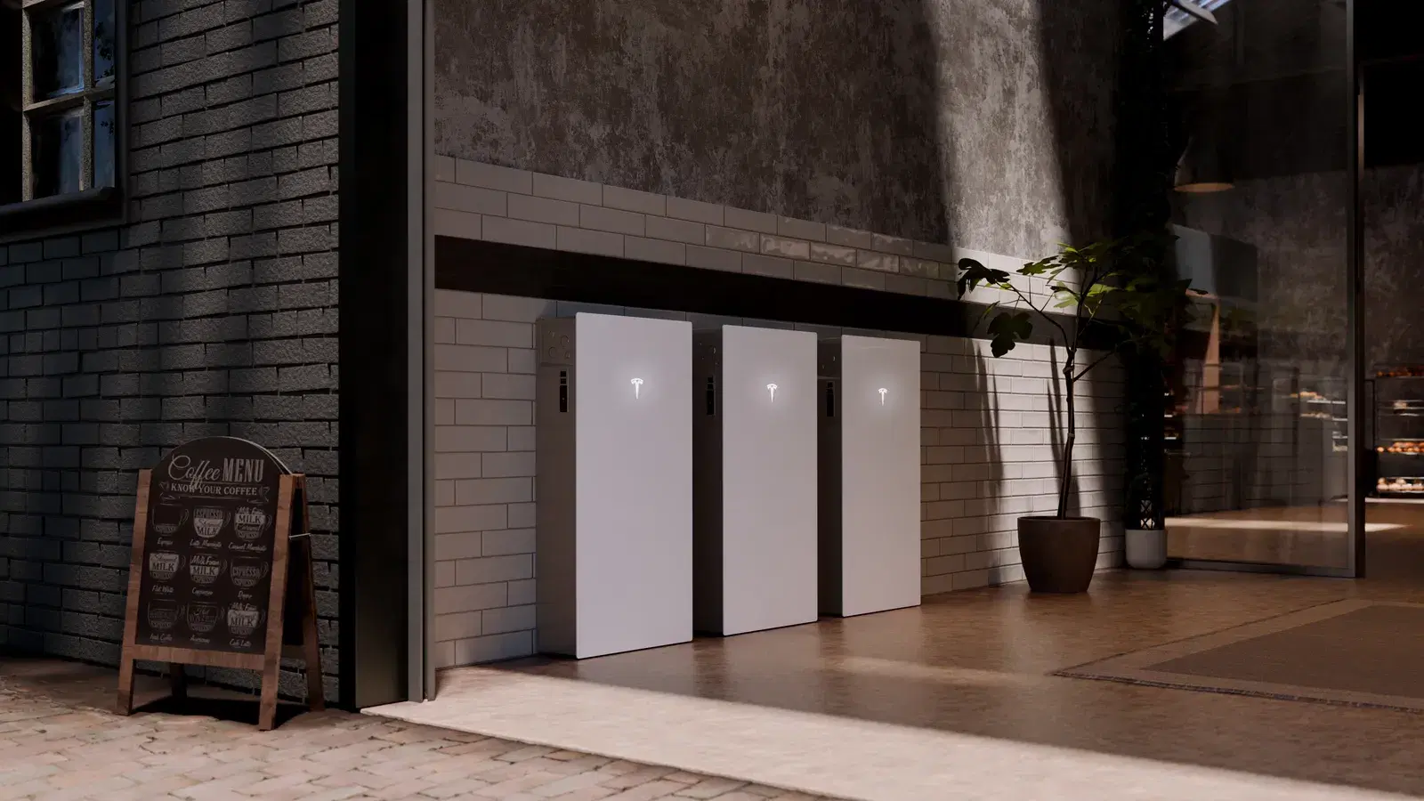 Three white Tesla Powerwall battery units mounted side by side on a tiled wall with illuminated Tesla logos.