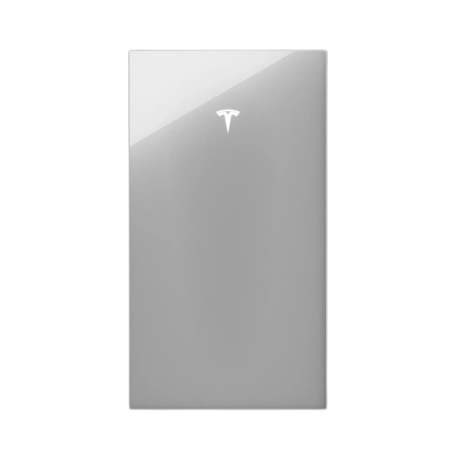 Close studio product shot of a Tesla Powerwall home battery showing its glossy silver-white front and Tesla logo.