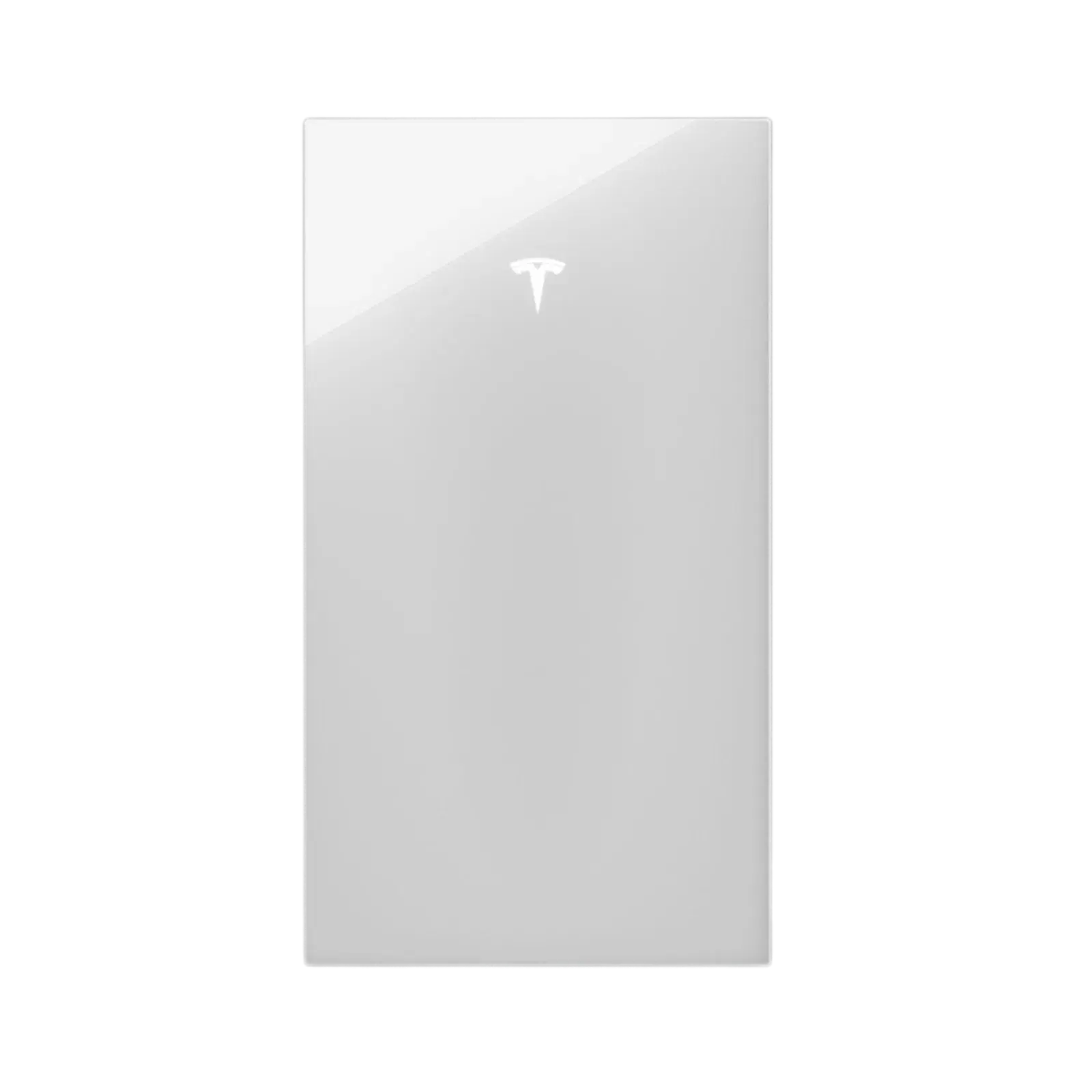 Front view of a white Tesla Powerwall battery with glossy glass panel and Tesla logo against a white background.