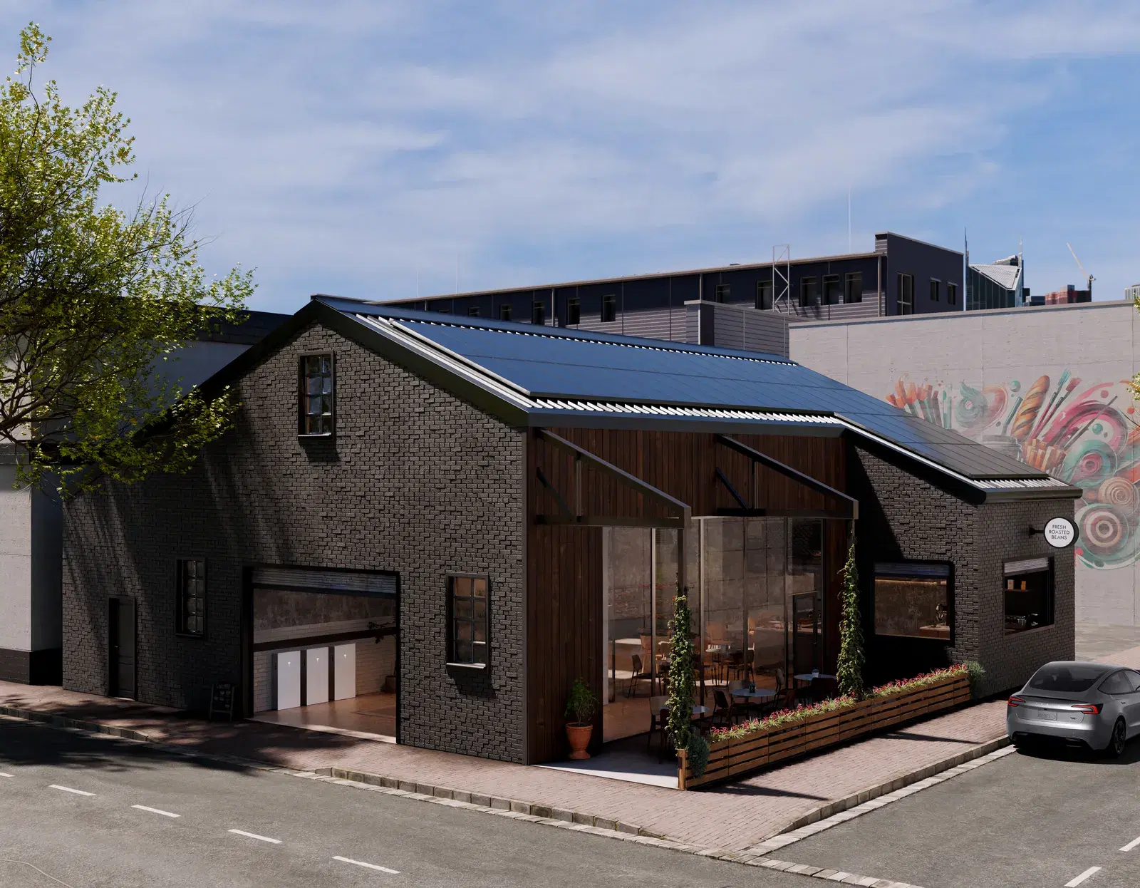 Dark brick restaurant building with rooftop solar panels and two white Tesla Powerwalls visible through an open garage door.