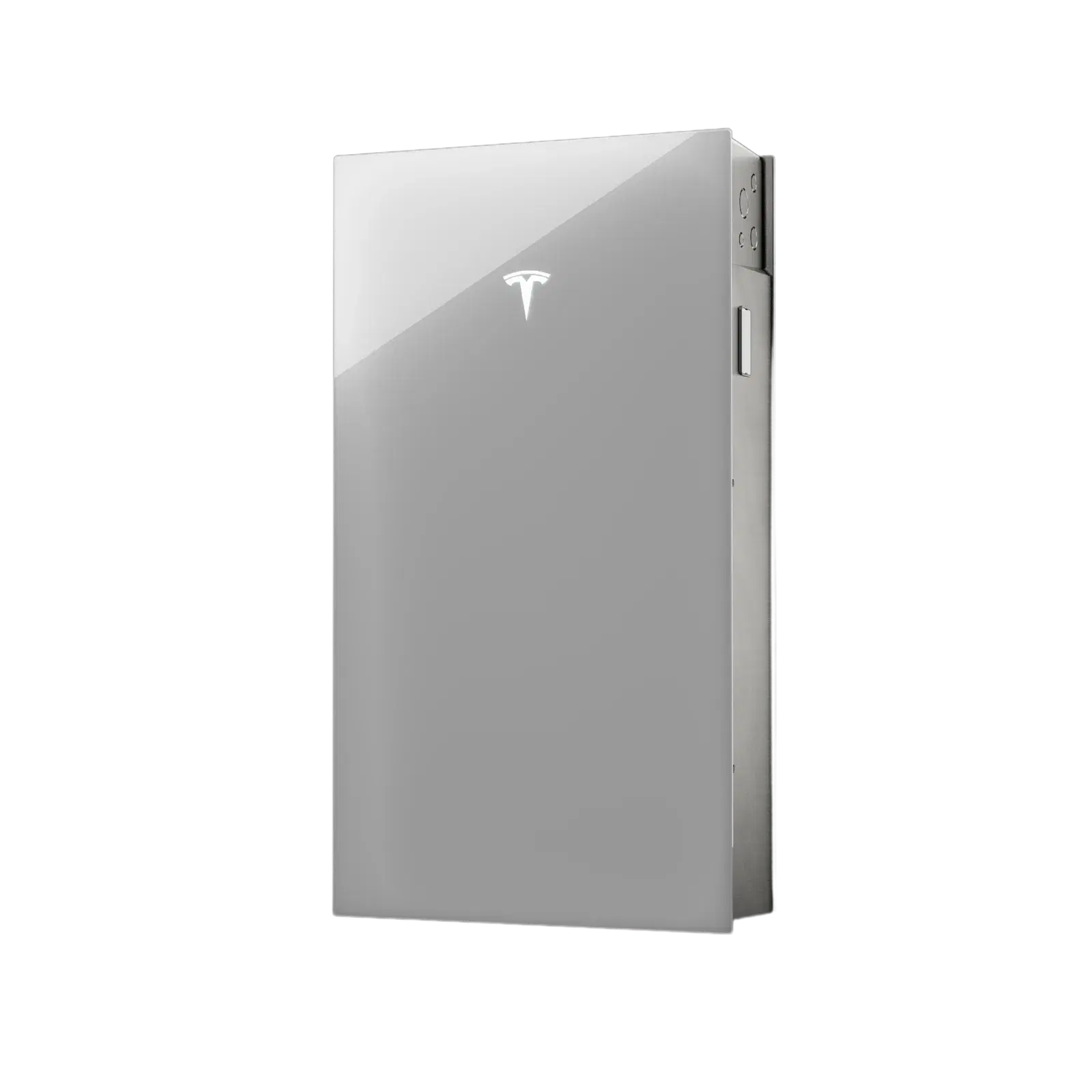 Angled studio product shot of a white Tesla Powerwall battery showing its glass front and side mounting bracket on a white background.