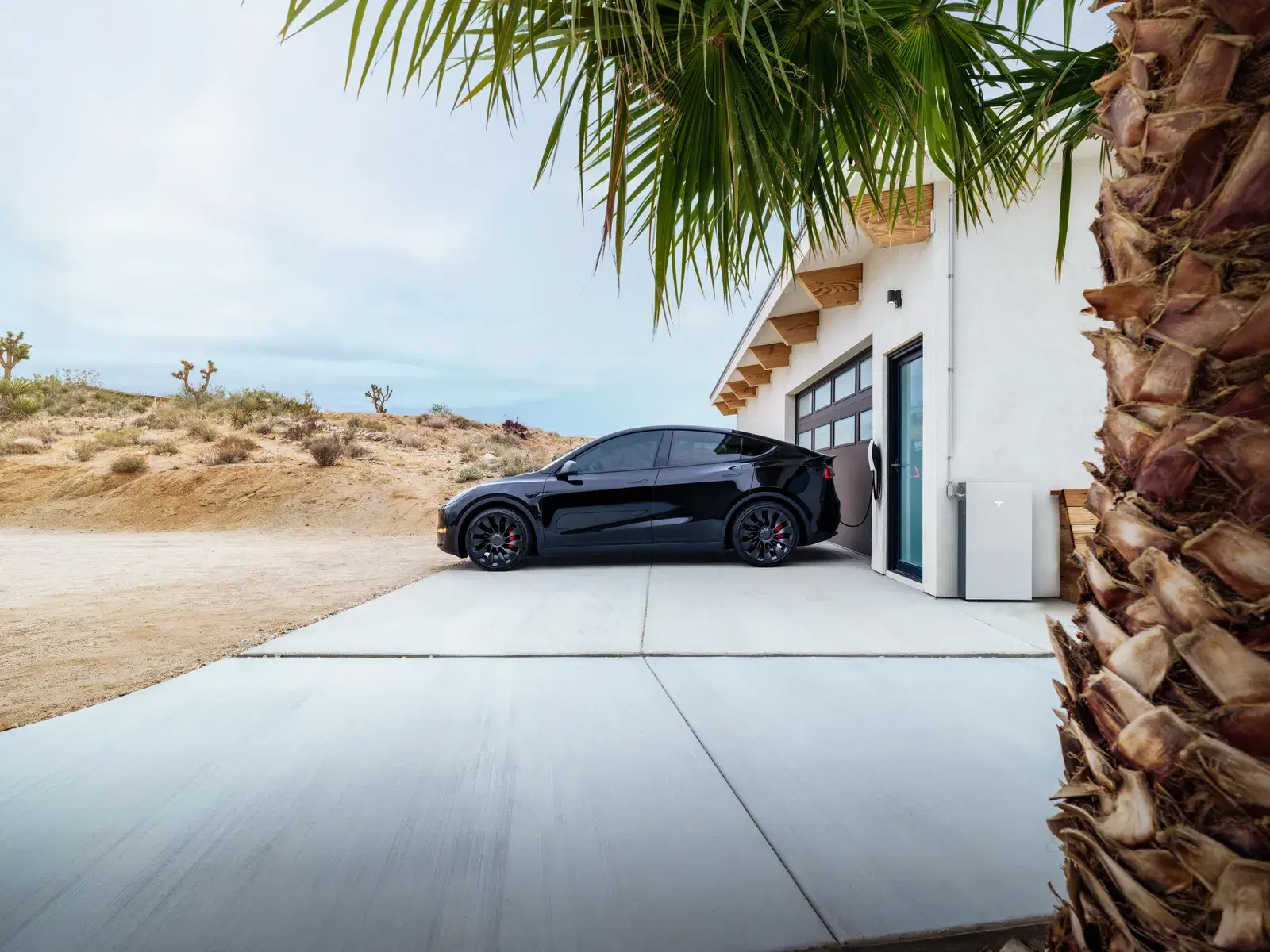 A white Tesla Powerwall battery and wall connector mounted on the exterior of a stucco desert home, with a black Tesla Model Y parked in the driveway beside a palm tree.