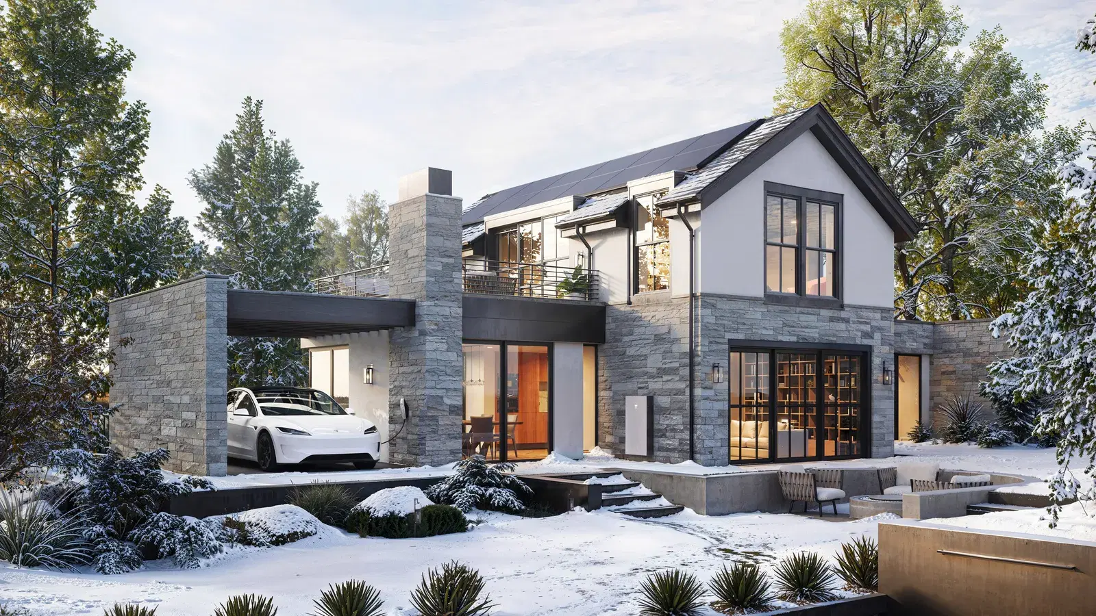 A luxury stone home in a snowy landscape with rooftop solar, a white Tesla in the carport, and a Tesla Powerwall on the wall.