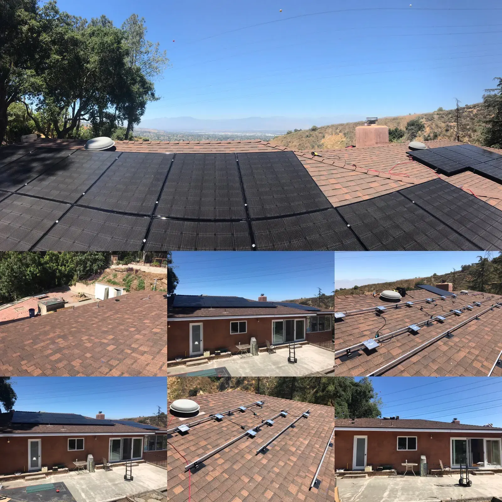 Drone and ground photos of a single-story home with a dark rooftop solar panel array installed on tile roofing, hills in the distance.