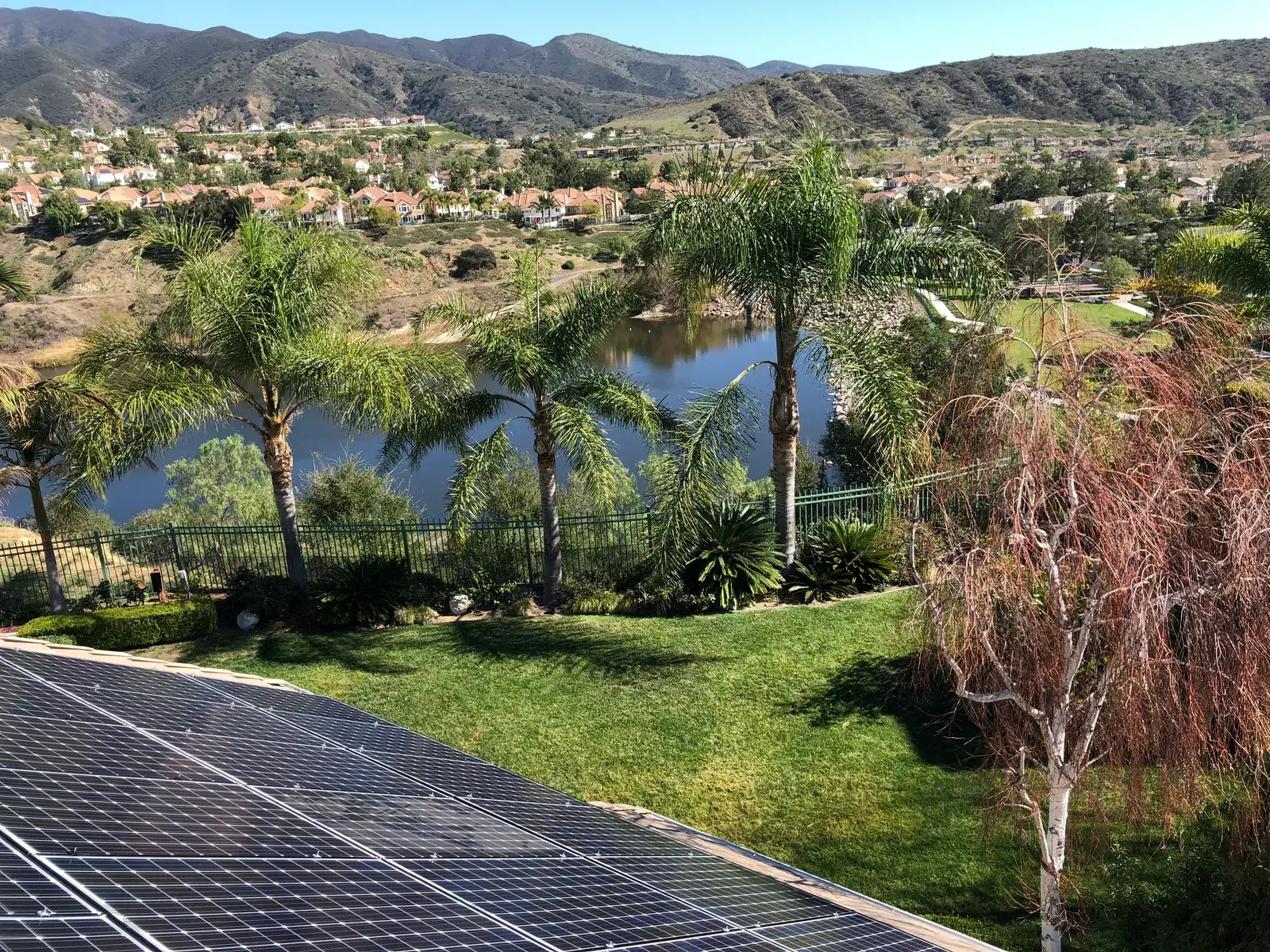 The edge of a solar panel array in the foreground with a backyard, lake, palm trees, and hills beyond.