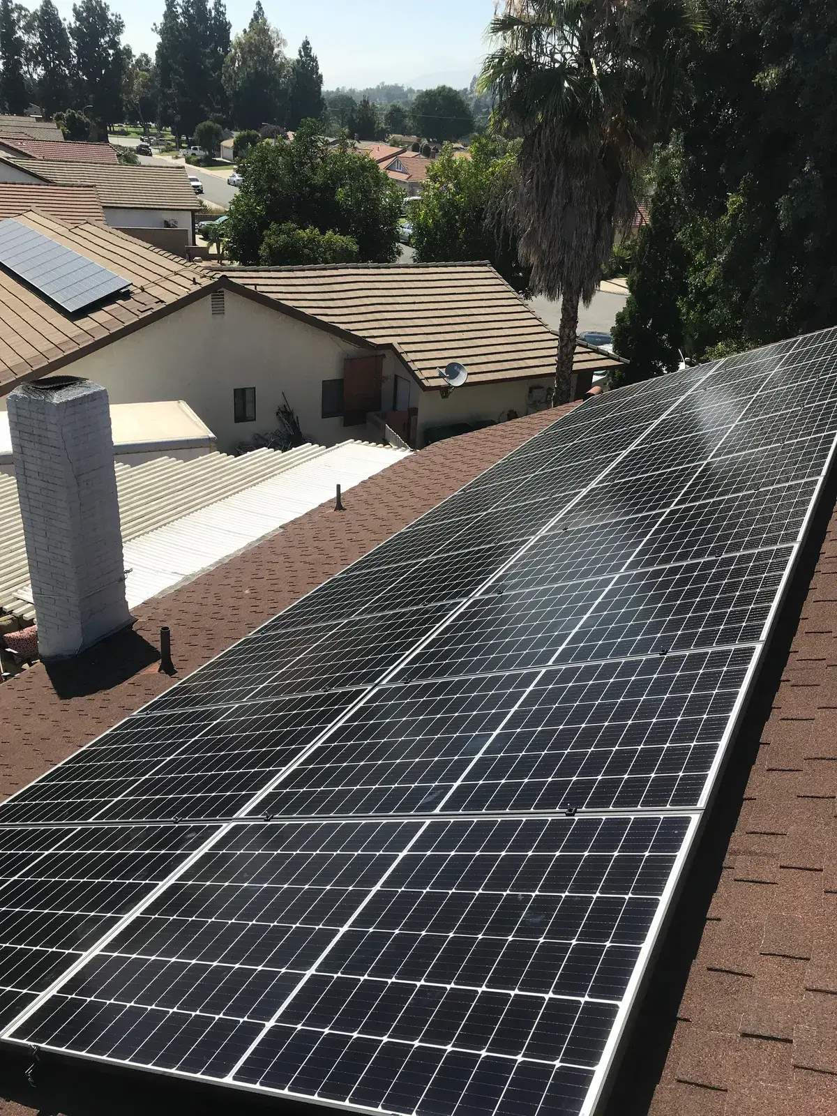 Close-up of rooftop solar panels on composition shingles with houses and trees in the background.
