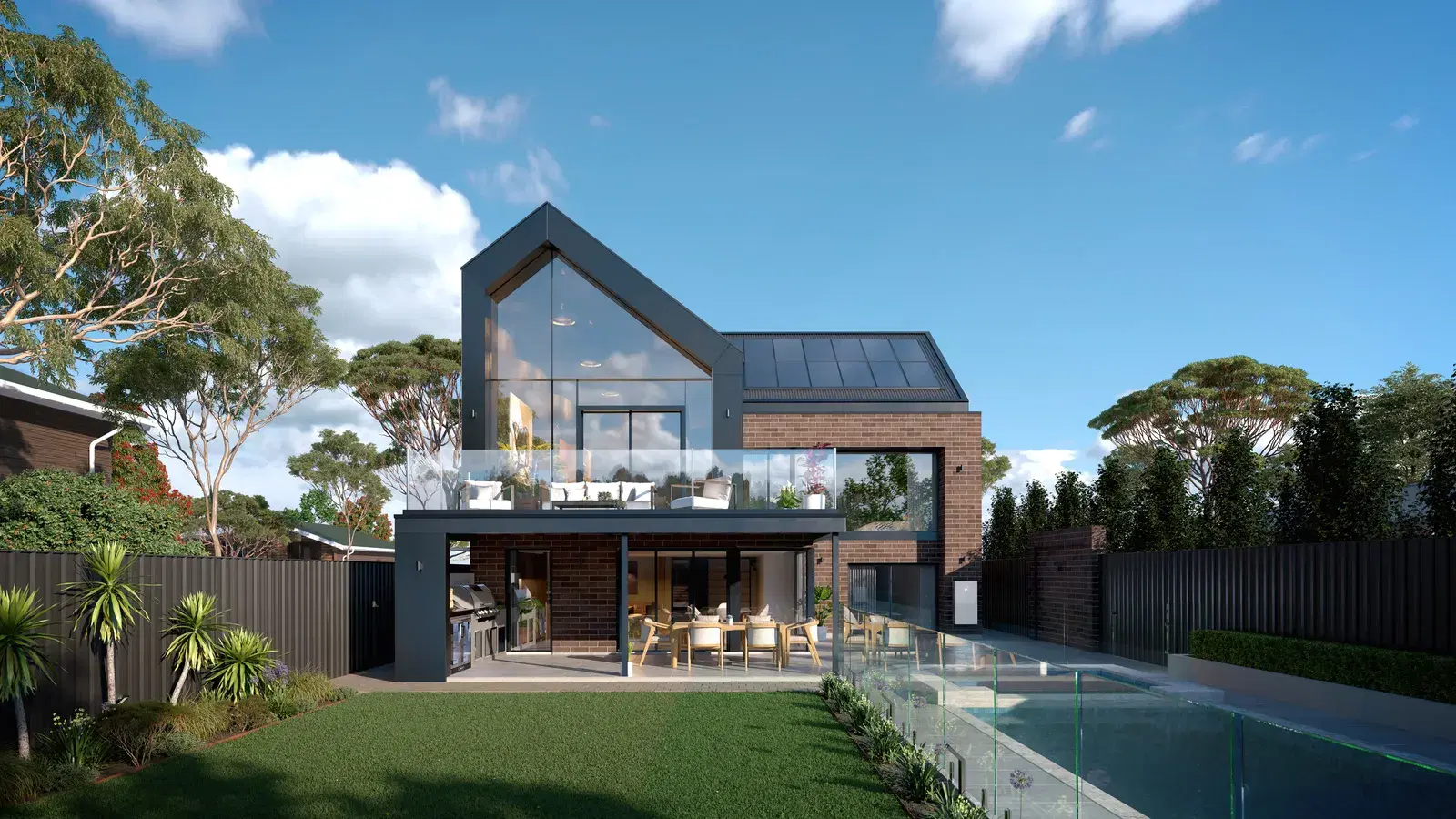 A contemporary two-story home with a peaked glass gable and rooftop solar panels, fronted by a manicured lawn and an in-ground pool.