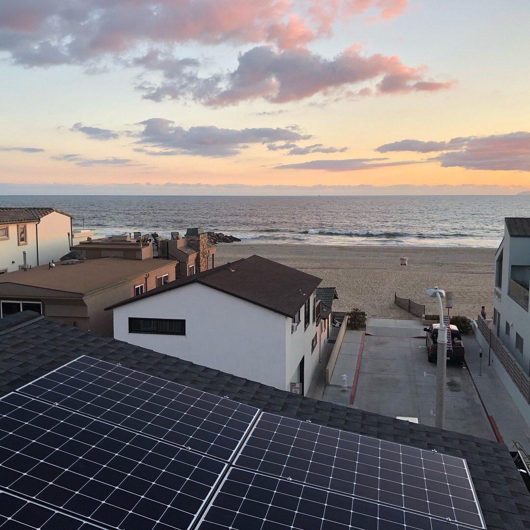 Solar panels on a coastal Ventura County home at sunset