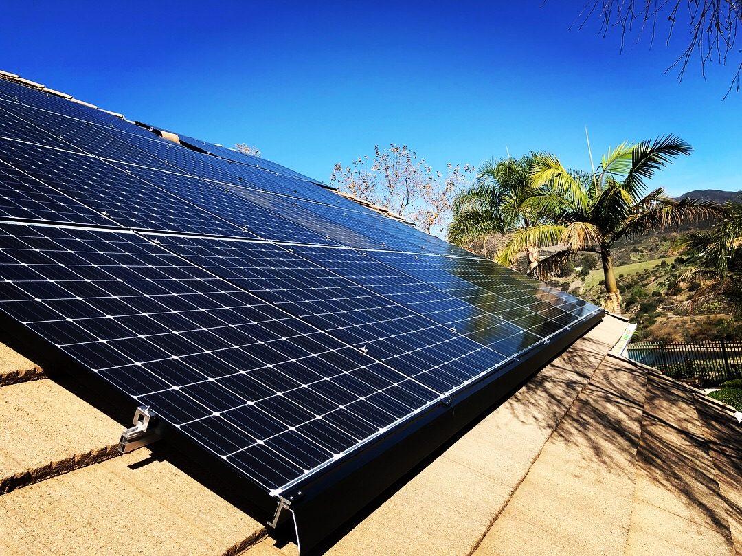 A rooftop solar array beside a palm tree under a clear blue Southern California sky