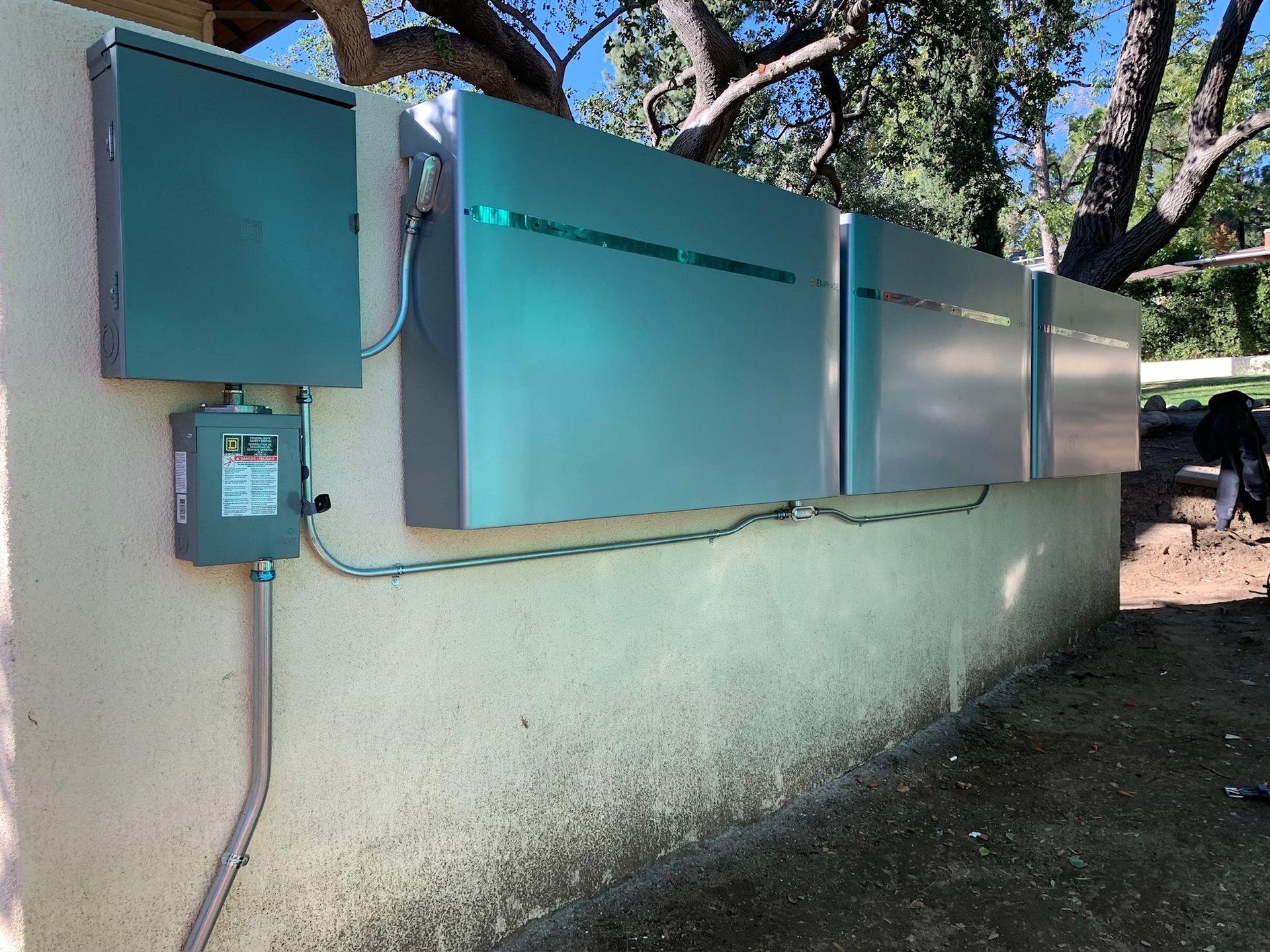 Outdoor battery storage bank at a Southern California property