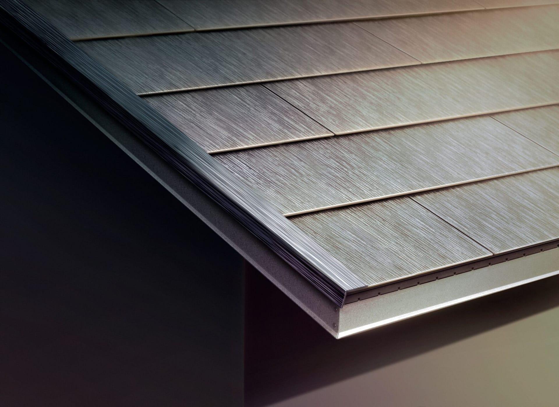 Close-up of Tesla Solar Roof tempered-glass solar tiles