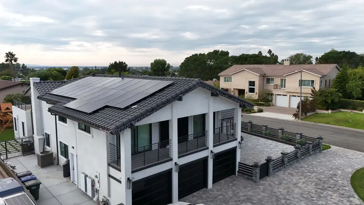 Aerial view of a Southern California home with a rooftop solar array
