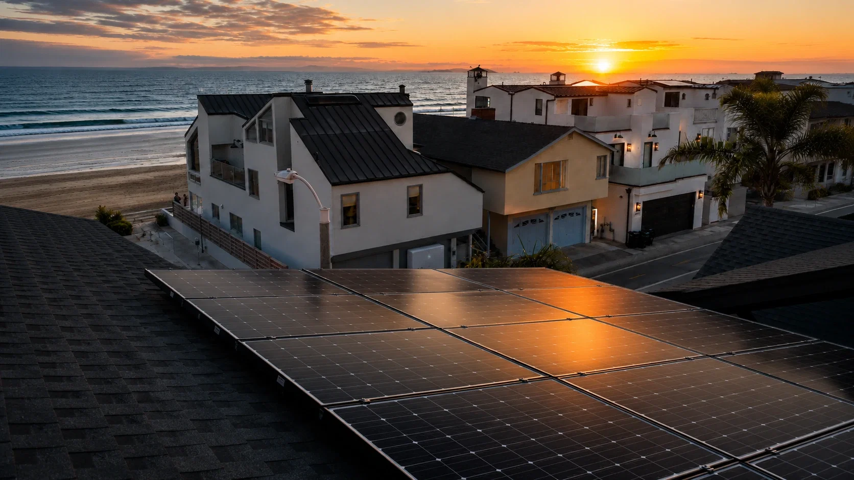A rooftop solar array at sunset overlooking a Southern California beach