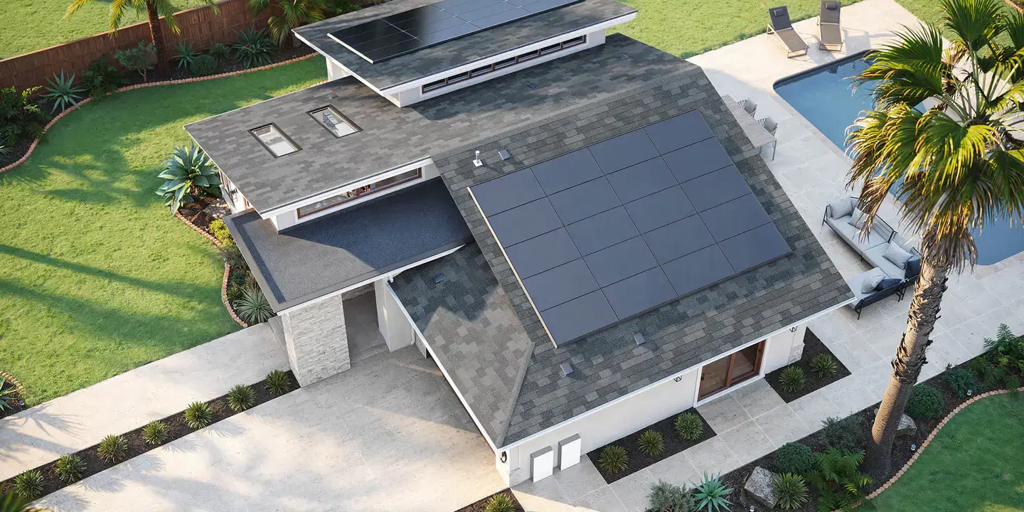 Official Tesla aerial photograph of the current all-black Solar Panels installed on a home