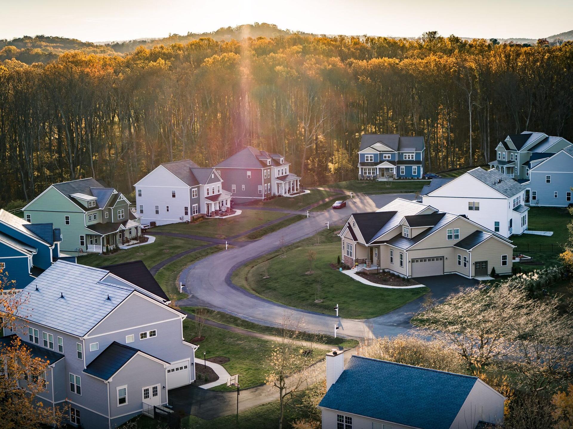 Aerial view of a home with a Tesla Solar Roof