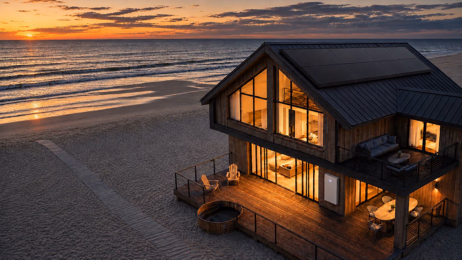 A beachfront home at sunset with rooftop solar panels and a lit deck overlooking the ocean