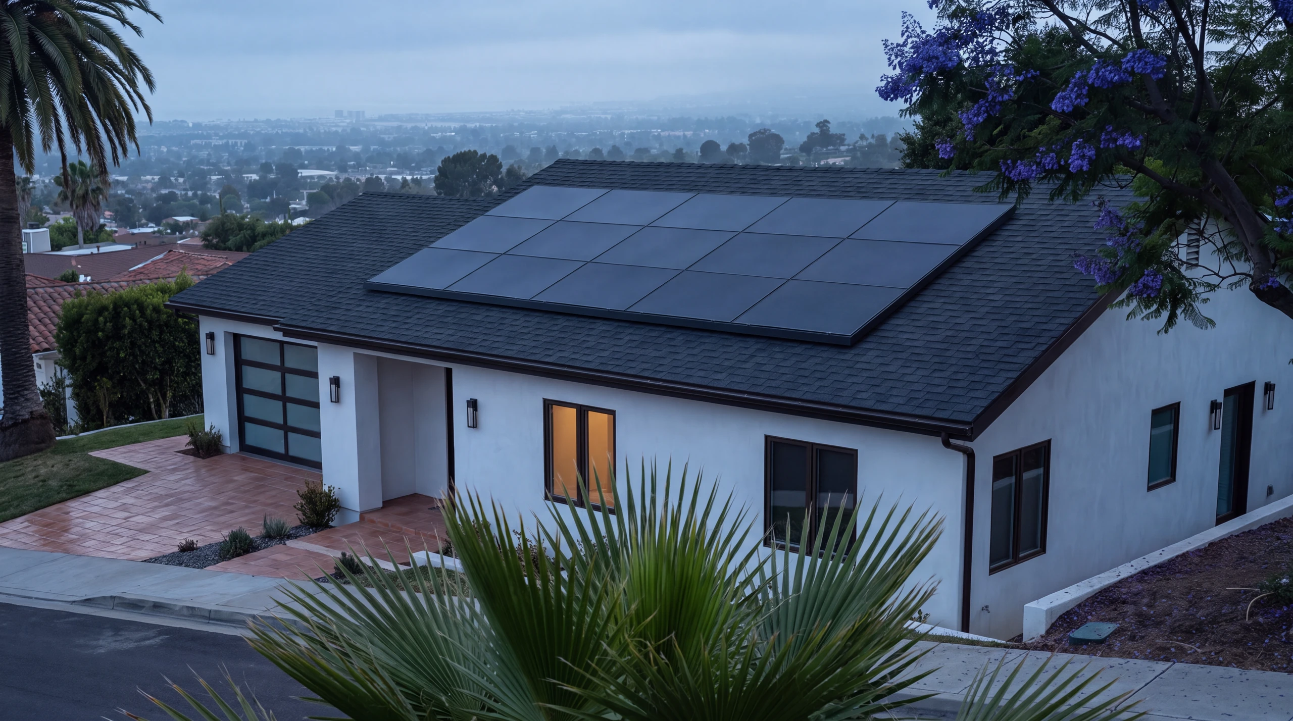 An all-black solar array flush on a charcoal shingle roof at pre-dawn, marine layer thinning over a Southern California street