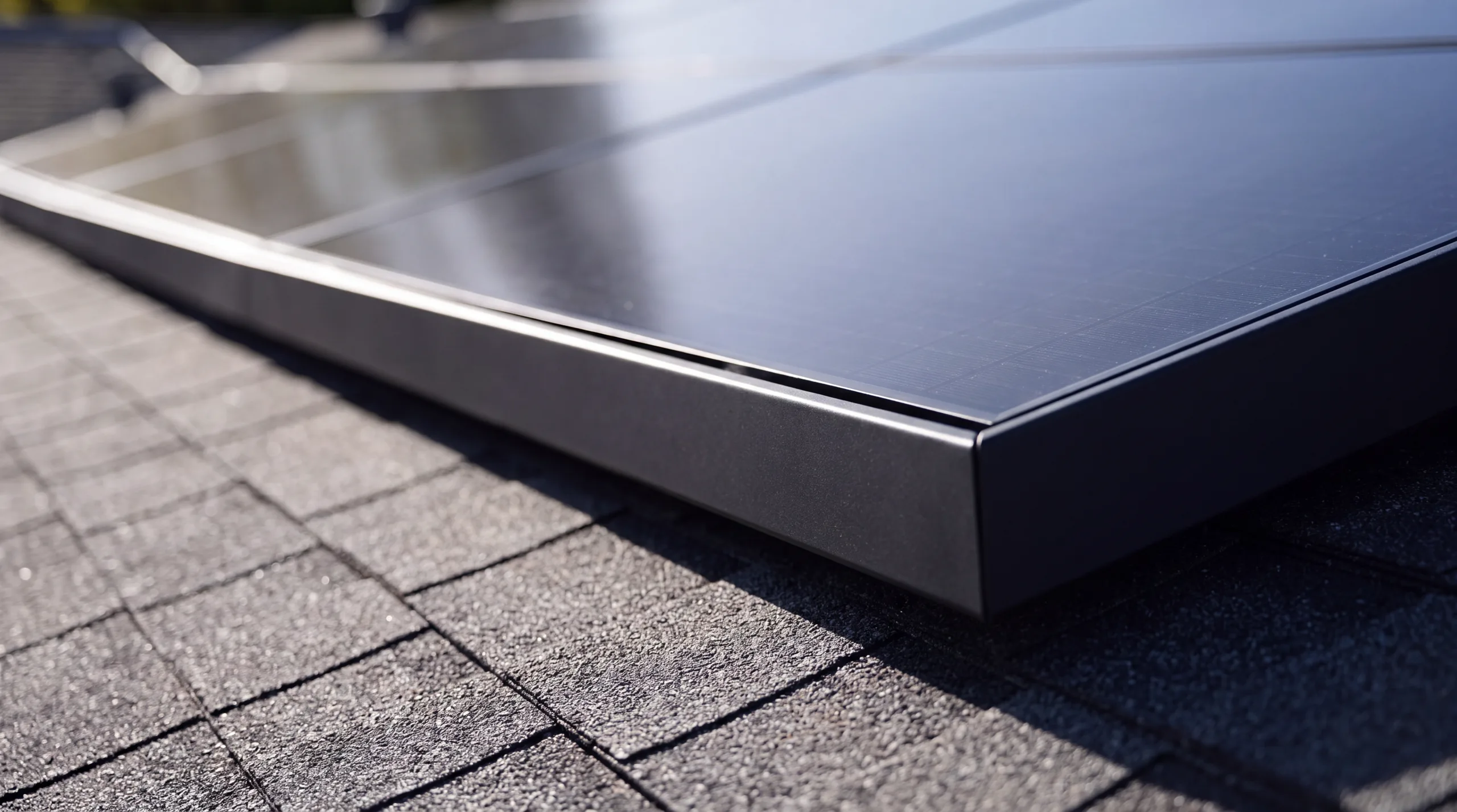 The front skirt of a flush all-black solar array meeting charcoal composition shingles — no rails, no clamps, no exposed hardware
