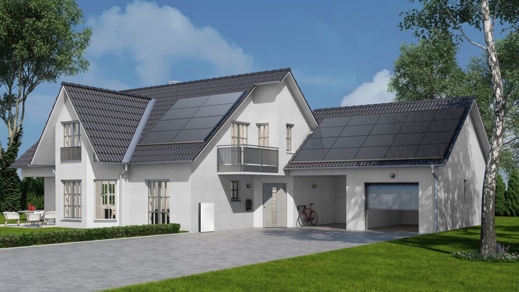 Detached home and garage with solar panels on roof