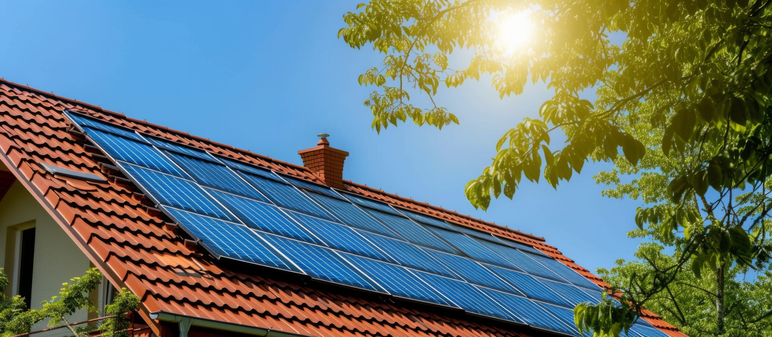 A house with solar panels on the roof sits on a slope, with the sun shining through the trees casting shadows on the grassy ground