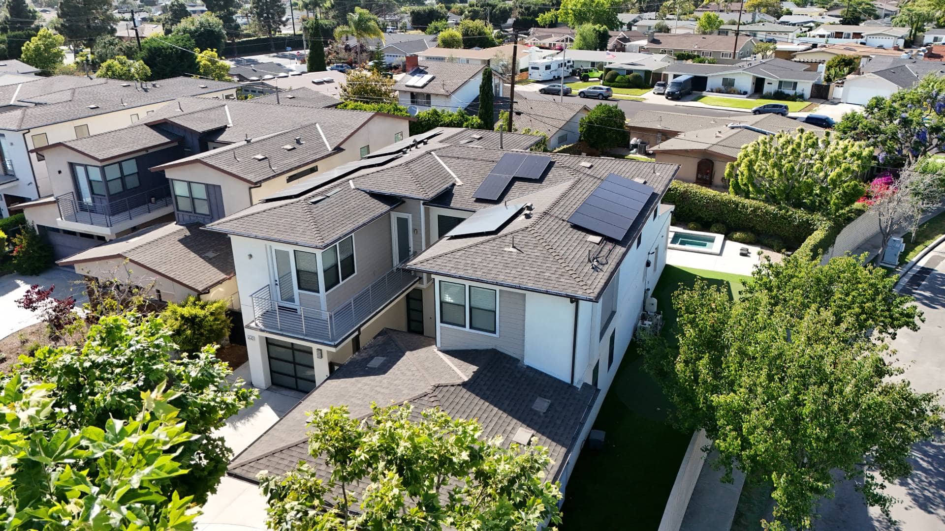 aerial photo of an orange county home with solar panels