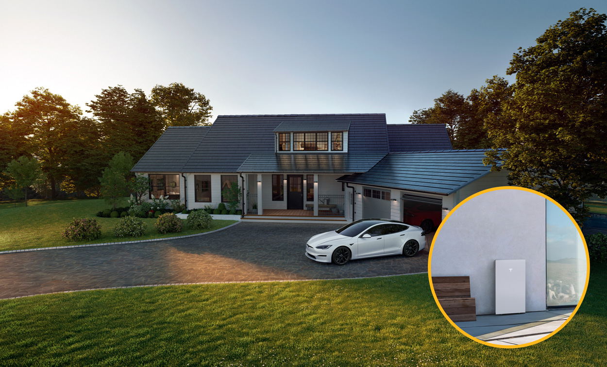 _advanced-tech-innovation-with-overlay-v2 a tesla solar roof installed with a cutout showcasing the tesla powerwall battery